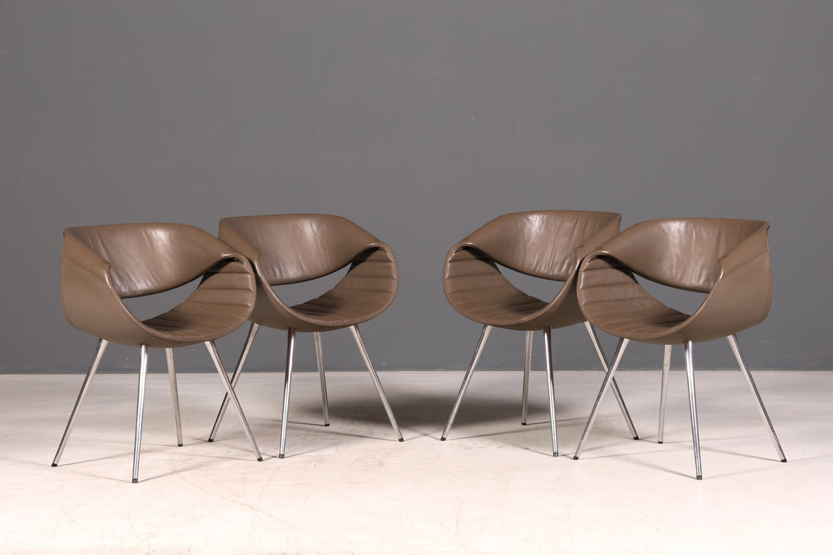 Stijlvolle set van 4 Züco Little Perillo-designfauteuils, leren fauteuils van echt leer, armstoelen, chroom, modern