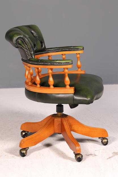 Wunderschöner Original Chesterfield Centurion Bürostuhl Grün Echt Leder Englisch Herrensessel Höhenverstellbar Drehsessel