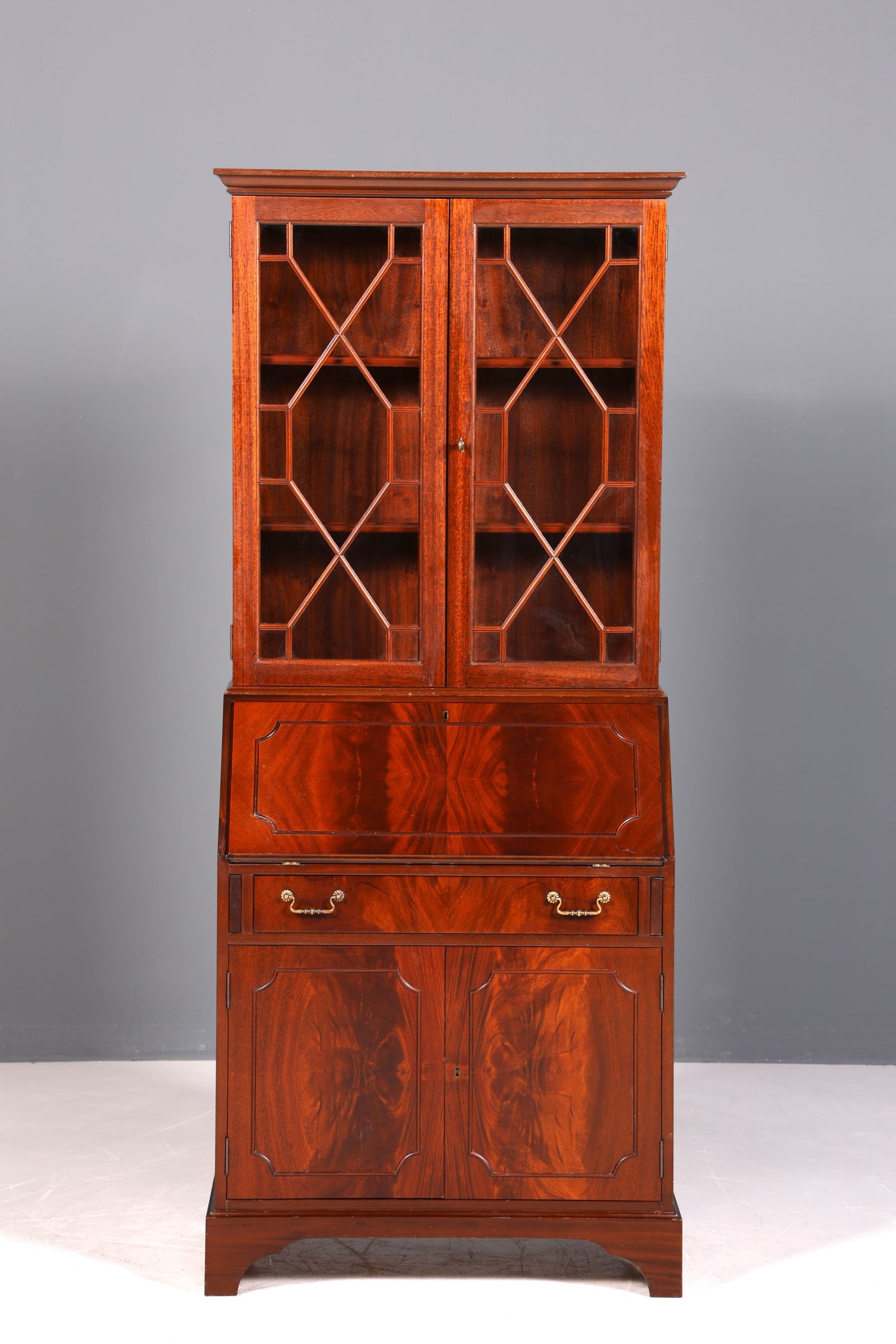 Beautiful English secretary desk, antique 1960s mahogany display cabinet, UK