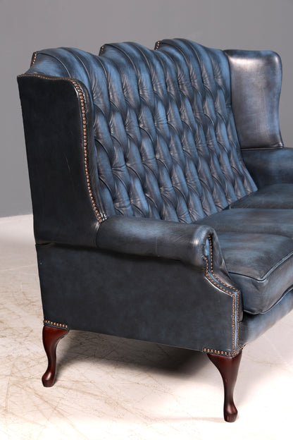 Wunderschönes Original Chesterfield 3-Sitzer Sofa Queen Anne Blau Englische Leder Couch England Polstersofa