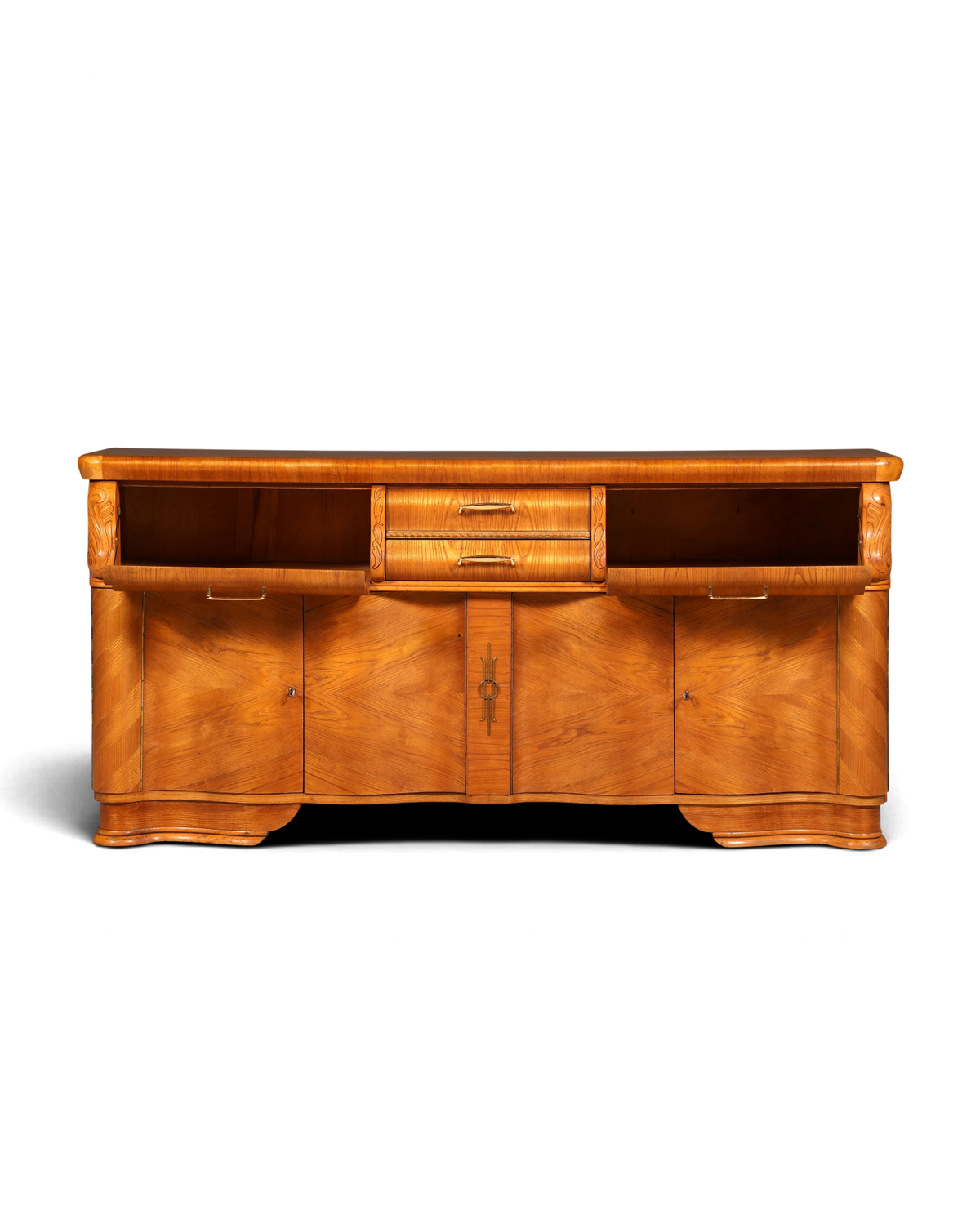 Hauptstadt Möblerei Anrichte aus hellem Holz im Art-Déco-Stil mit Schubladen und Türen vor grauem Hintergrund