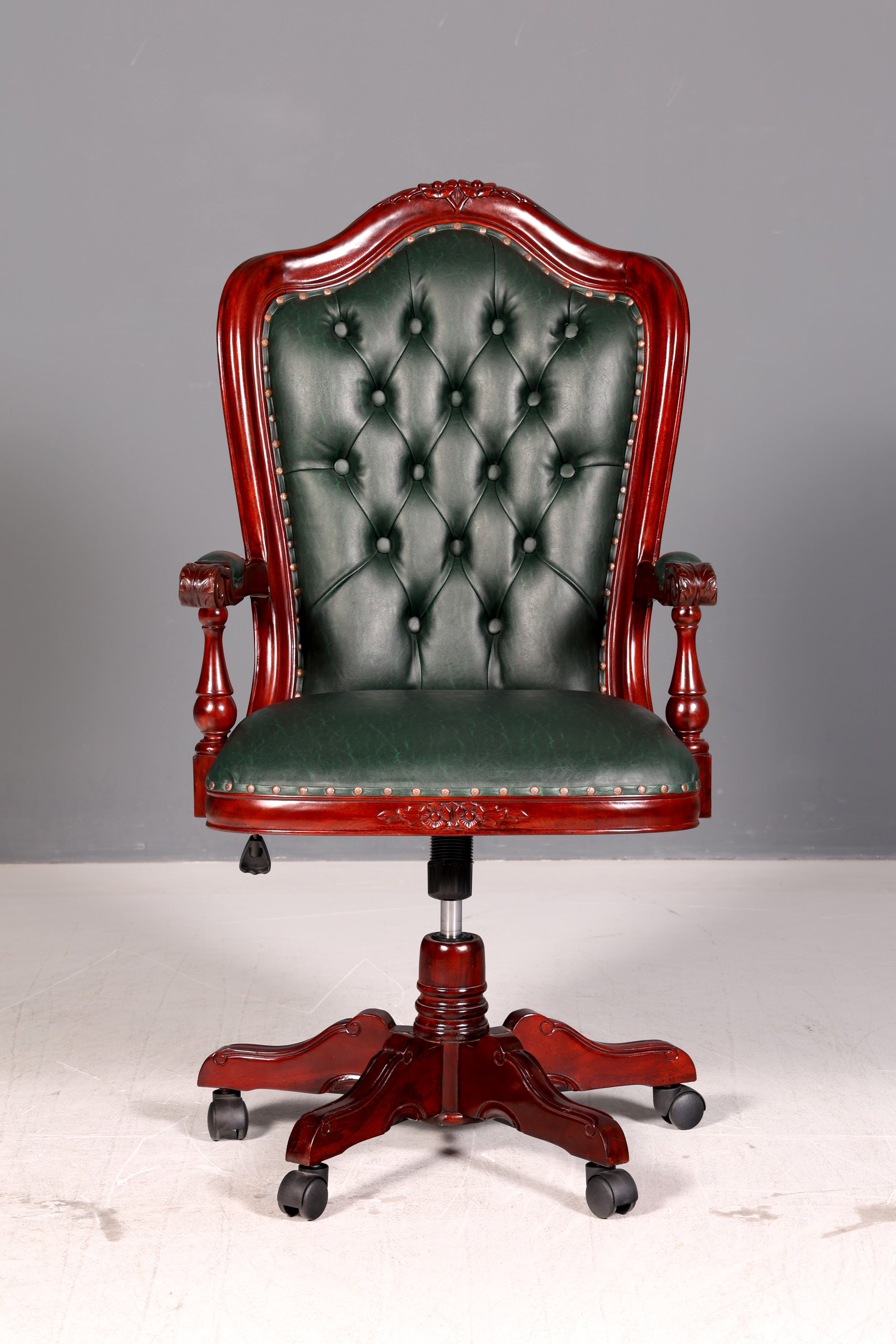 Luxe Chesterfield-bureaustoel voor directie, groen mahonie, bureaustoel, draaistoel, Engelse vintage stijl