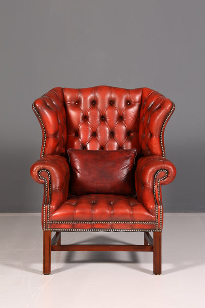 Originele Chesterfield-oortfauteuil met hocker, echt leer, Engelse herenfauteuil, leren fauteuil, antiek, vintage