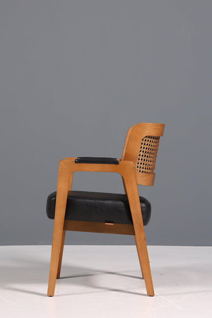 Edler Armlehnstuhl "LIMA" Esszimmerstuhl mit Korbgeflecht Schwarz Leder Armlehnstuhl Küchenstuhl Polsterstuhl