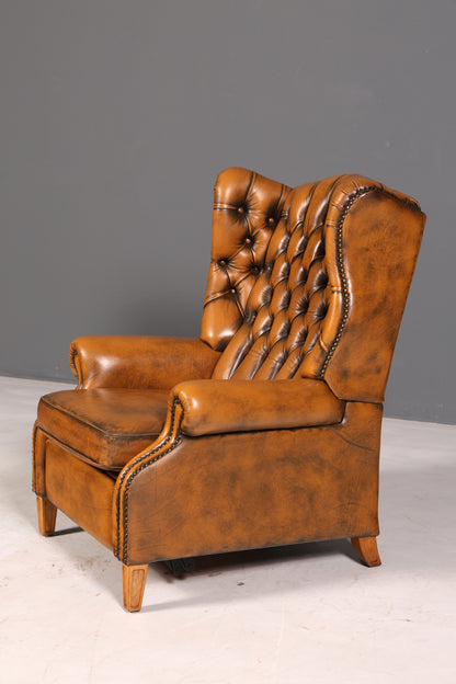 Prachtige originele Chesterfield-oorfauteuil van echt Engels leer, herenfauteuil, relaxfauteuil met ligfunctie, vintage