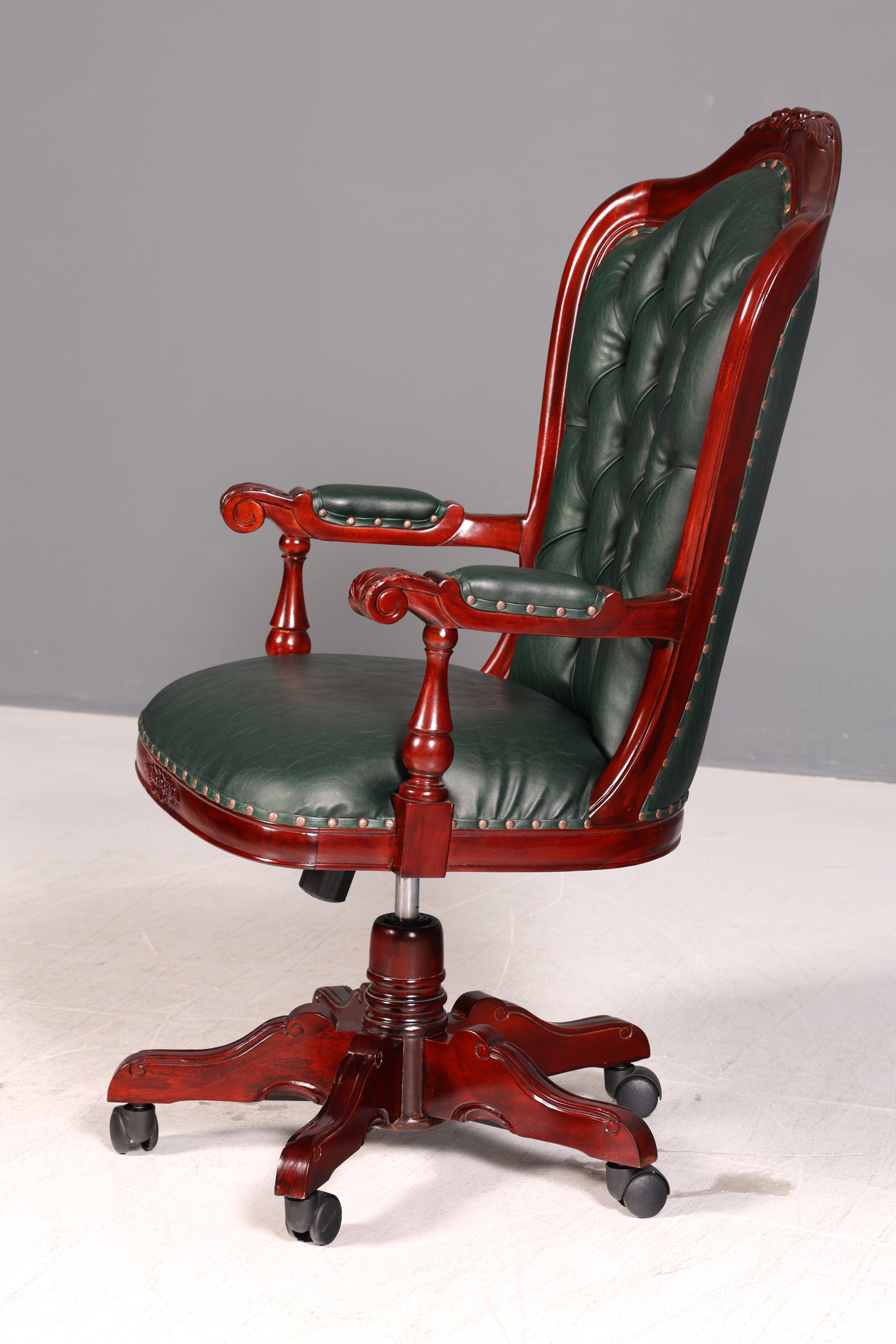 Luxe Chesterfield-bureaustoel voor directie, groen mahonie, bureaustoel, draaistoel, Engelse vintage stijl