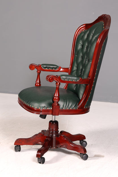 Luxe Chesterfield-bureaustoel voor directie, groen mahonie, bureaustoel, draaistoel, Engelse vintage stijl