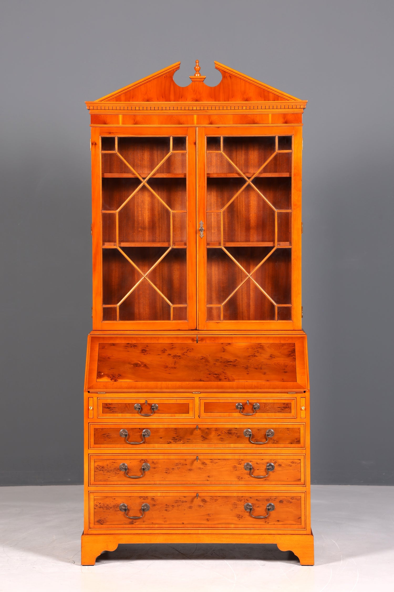 Stylish English secretary desk, office desk, yew wood, antique style, genuine leather top, display cabinet, UK