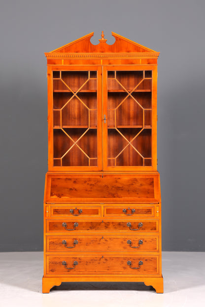 Stylish English secretary desk, office desk, yew wood, antique style, genuine leather top, display cabinet, UK