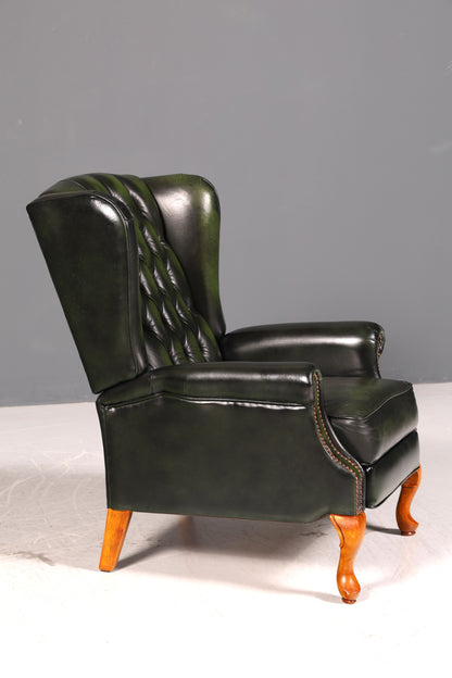 Original Chesterfield Queen Anne Ohrenbackensessel Grün Englisch Leder Herrensessel UK Armlehnsessel Relaxsessel