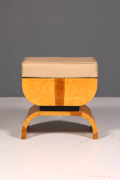 Prachtige kruk in art-decostijl, van berkenhout, zitkruk, voetenbank, antiek, vintage