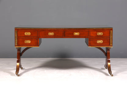F939 Finish Edler Maritimer Schreibtisch Englischer Military Chest Bürotisch Office Table mit echt Lederauflage