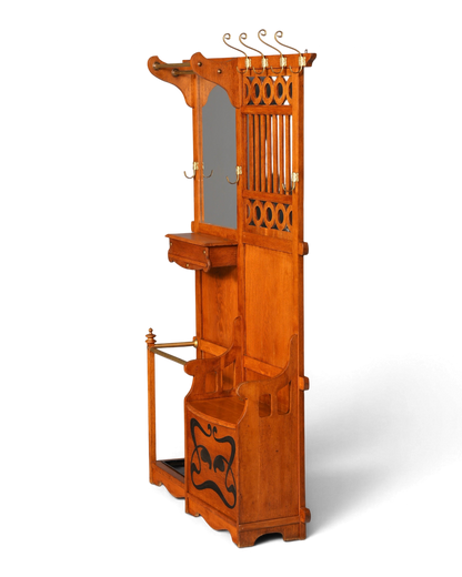 Hauptstadt Möblerei Garderobenständer aus Eichenholz im Jugendstil mit Spiegel, Sitzbank und Messing-Haken