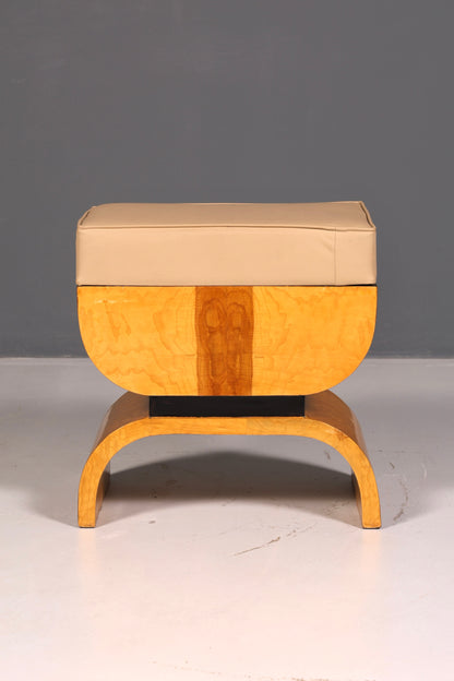 Prachtige kruk in art-decostijl, van berkenhout, zitkruk, voetenbank, antiek, vintage