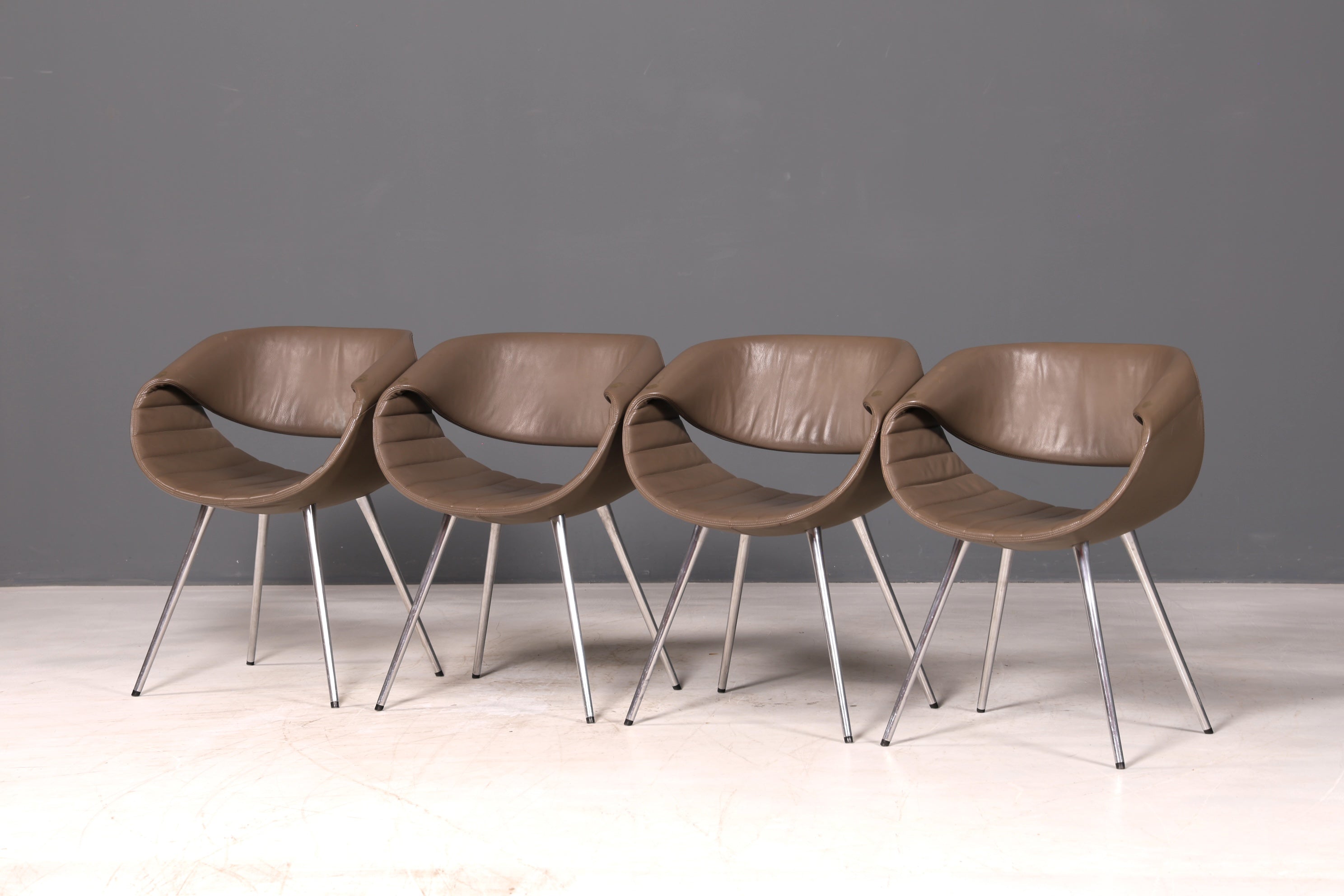 Stijlvolle set van 4 Züco Little Perillo-designfauteuils, leren fauteuils van echt leer, armstoelen, chroom, modern