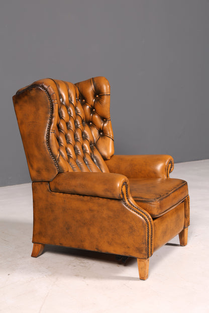 Prachtige originele Chesterfield-oorfauteuil van echt Engels leer, herenfauteuil, relaxfauteuil met ligfunctie, vintage