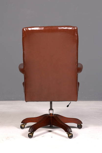 Elegante Chesterfield-directiestoel, bureaustoel van echt leer, bruin, draaistoel, werkstoel, kantoorstoel