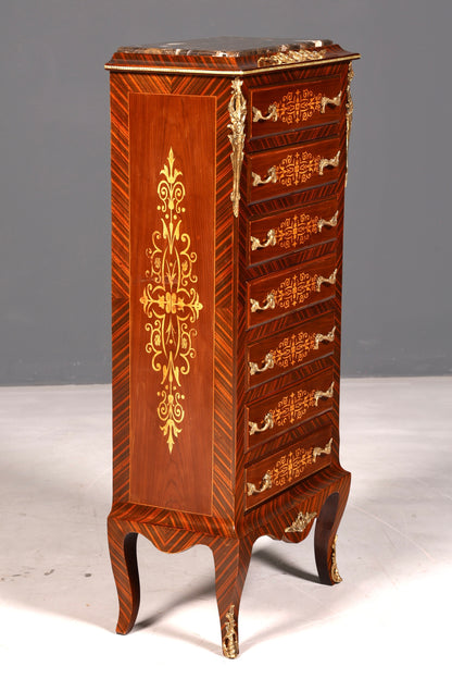 Wunderschönes Barock Stil Louis XV Highboard Marmor Vertiko Intarsien Kommode