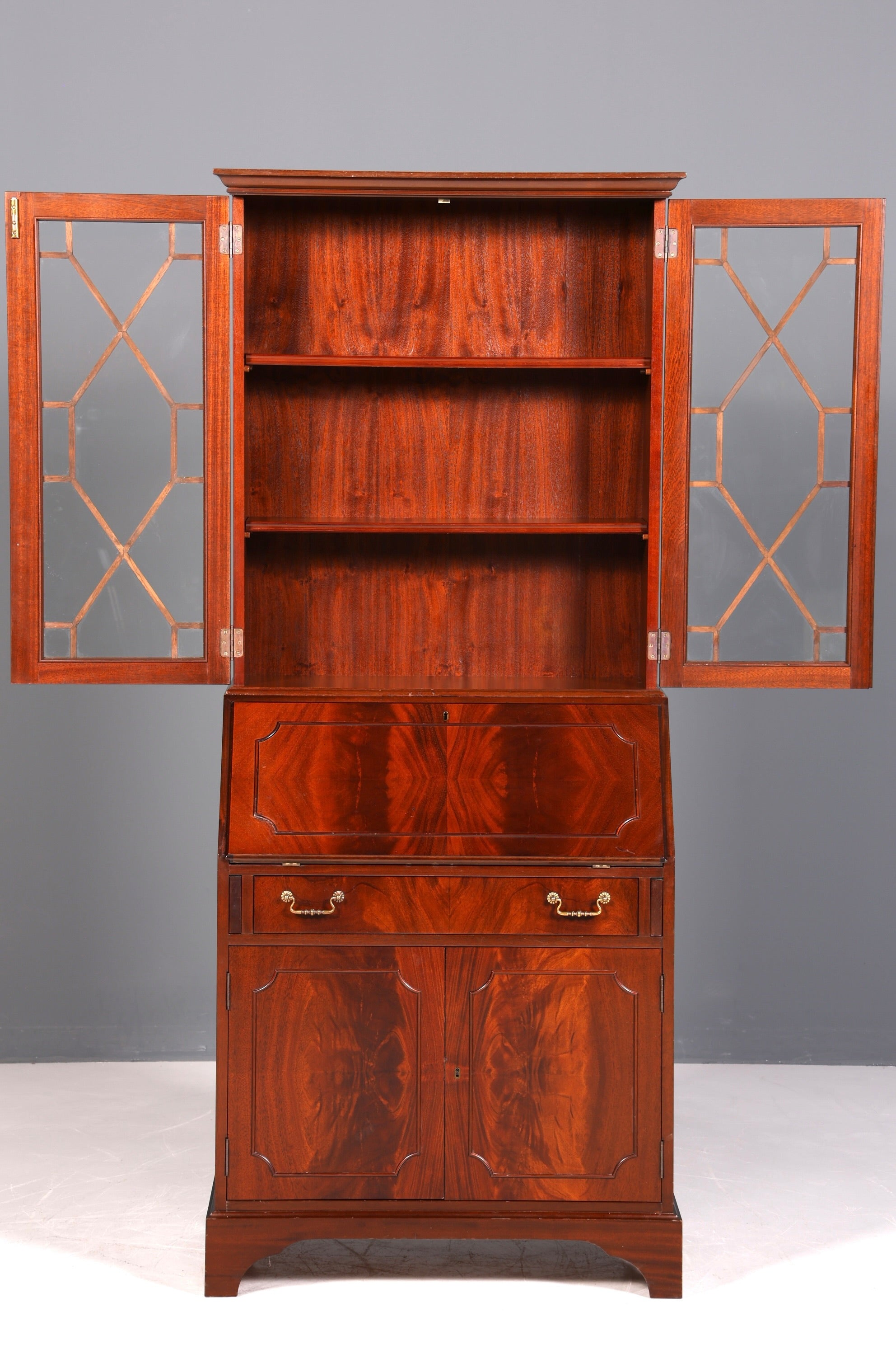 Beautiful English secretary desk, antique 1960s mahogany display cabinet, UK