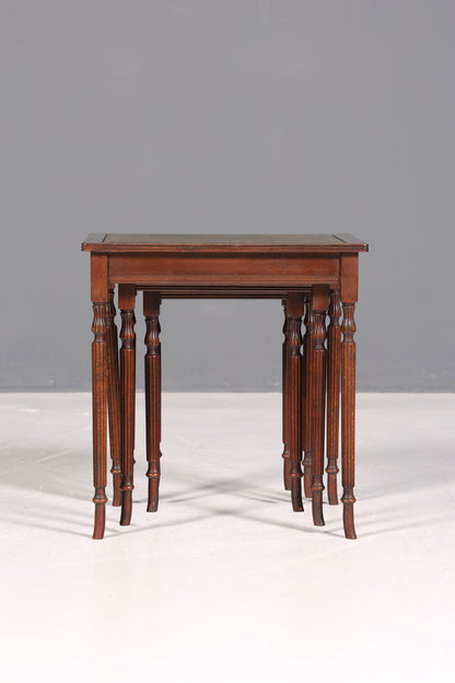 Filigranes Englisches Tisch Set Couchtisch Englisch Antik Stil 3er Satz echt Lederauflage Ablagetisch Holz Beistelltisch