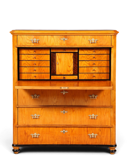 Hauptstadt Möblerei antiker Biedermeier Sekretär aus Echtholz mit dekorativen Messingbeschlägen und Schubladen
