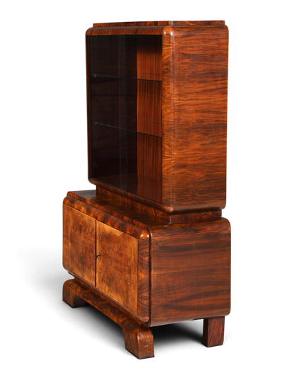 Edle Art Deco Vitrine Nussbaum Vitrine massiv Holz Antik Schrank Regal Vitrinenschrank