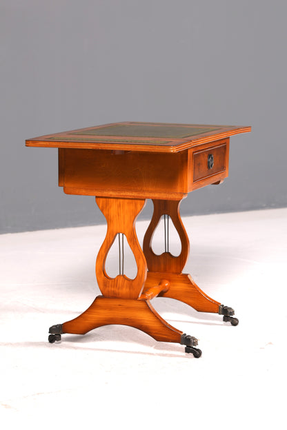Edler Englischer Klapptisch Beistelltisch Eibe Echt Lederauflage Antik Ablagetisch Vintage Rolltisch Wohnzimmer