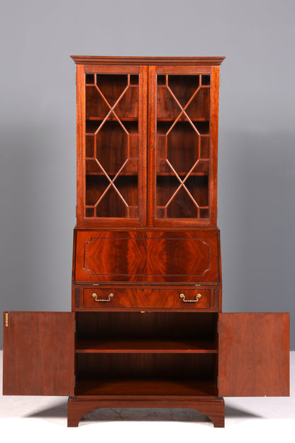 Beautiful English secretary desk, antique 1960s mahogany display cabinet, UK