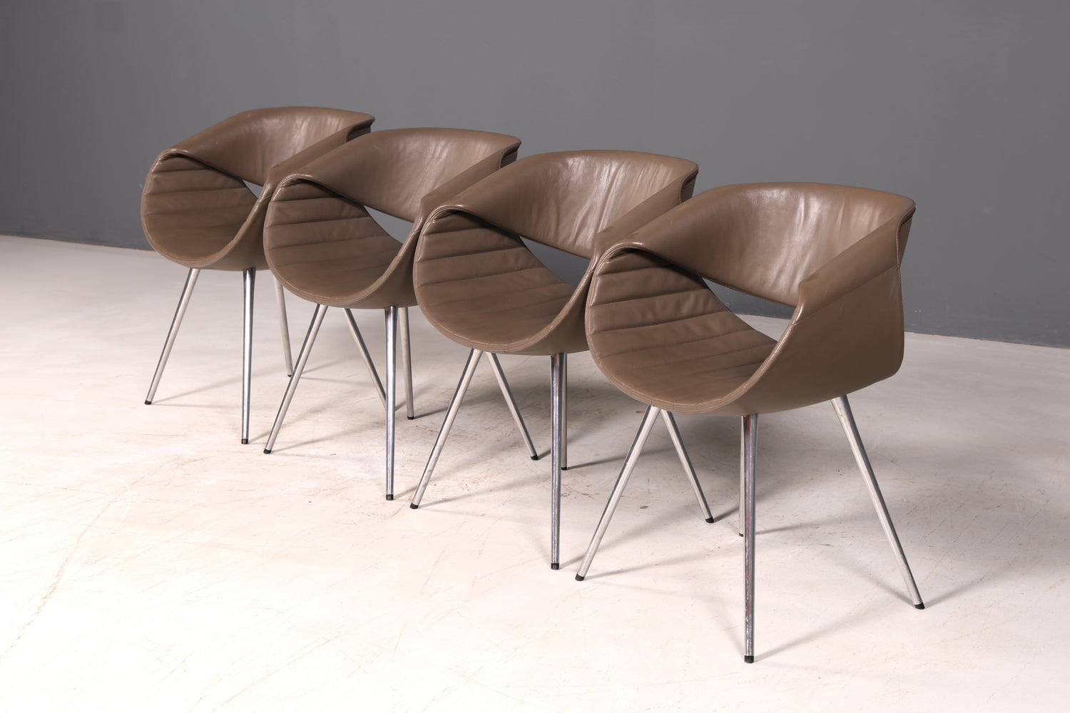 Stijlvolle set van 4 Züco Little Perillo-designfauteuils, leren fauteuils van echt leer, armstoelen, chroom, modern