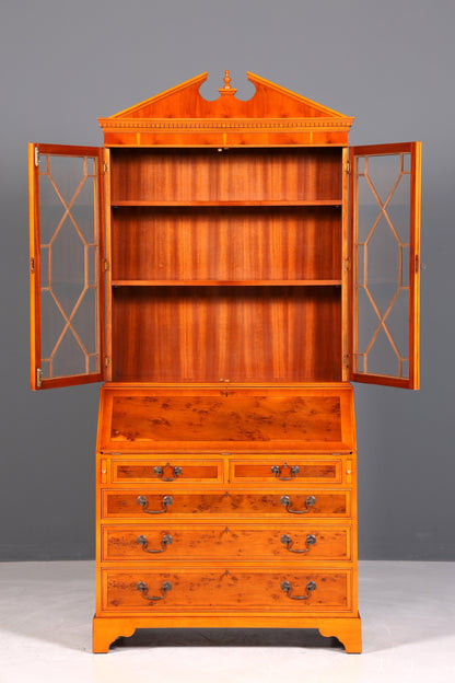 Stylish English secretary desk, office desk, yew wood, antique style, genuine leather top, display cabinet, UK