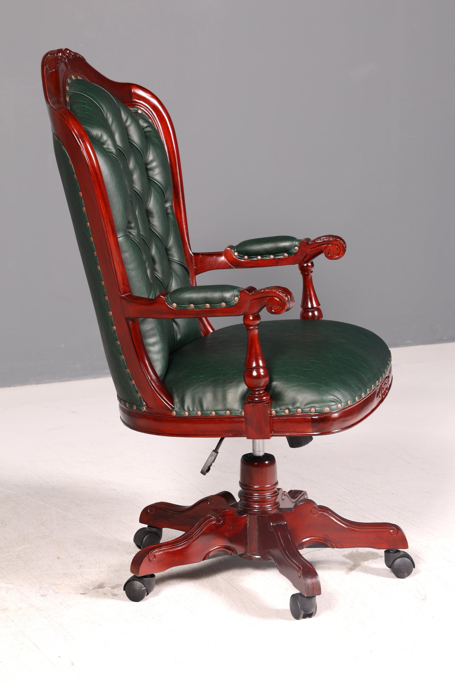 Luxe Chesterfield-bureaustoel voor directie, groen mahonie, bureaustoel, draaistoel, Engelse vintage stijl