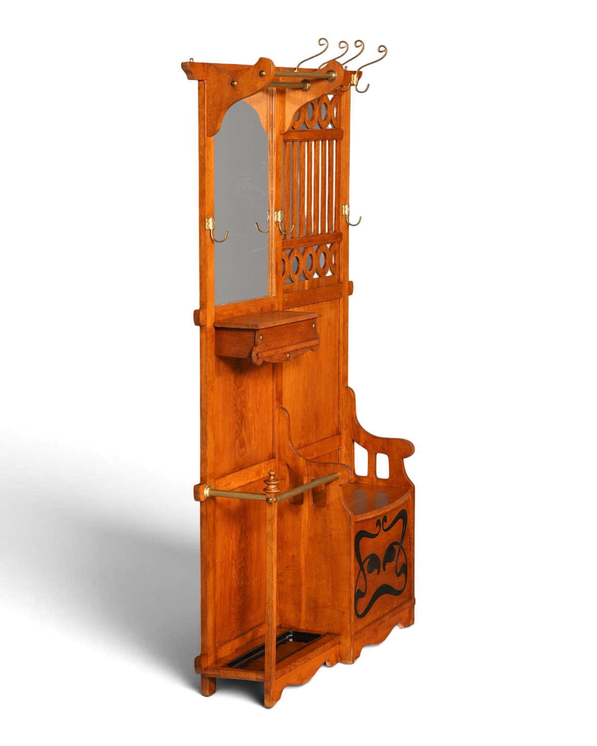 Hauptstadt Möblerei Garderobe aus Eichenholz im Jugendstil mit Spiegel, Ablage, Sitzbank und Messing-Kleiderhaken