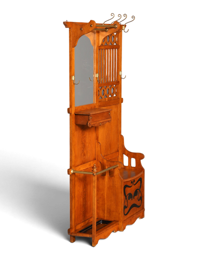 Hauptstadt Möblerei Garderobe aus Eichenholz im Jugendstil mit Spiegel, Ablage, Sitzbank und Messing-Kleiderhaken