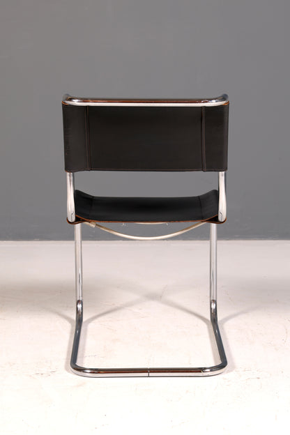 Edler Original Thonet Freischwinger Stuhl Chrom Leder Schwarz Bauhaus Designklassiker Vintage Kragstuhl Esszimmer Stuhl Vintage 1 von 2