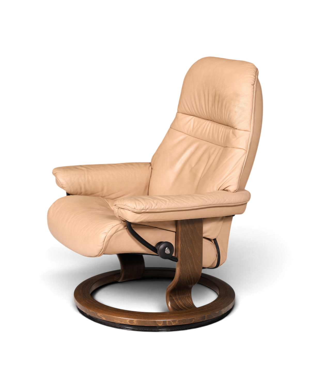 Hauptstadt Möblerei Stressless Sunrise Relaxsessel aus beigem Echtleder mit dunklem Holzgestell und Drehfunktion