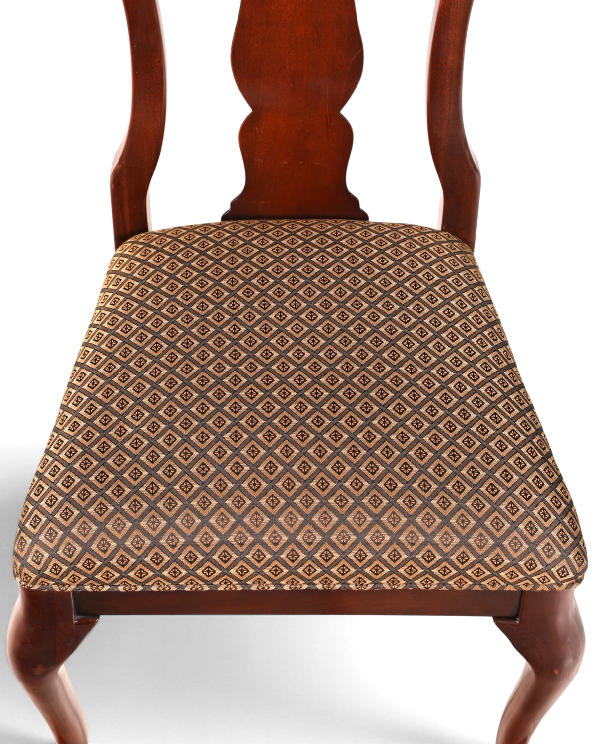 Hauptstadt Möblerei Drexel Heritage Chippendale Stuhl aus Holz mit gemustertem Stoffbezug in braun und beige