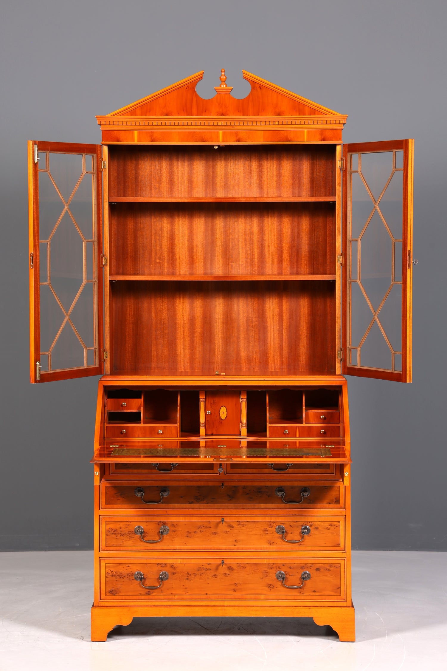 Stylish English secretary desk, office desk, yew wood, antique style, genuine leather top, display cabinet, UK