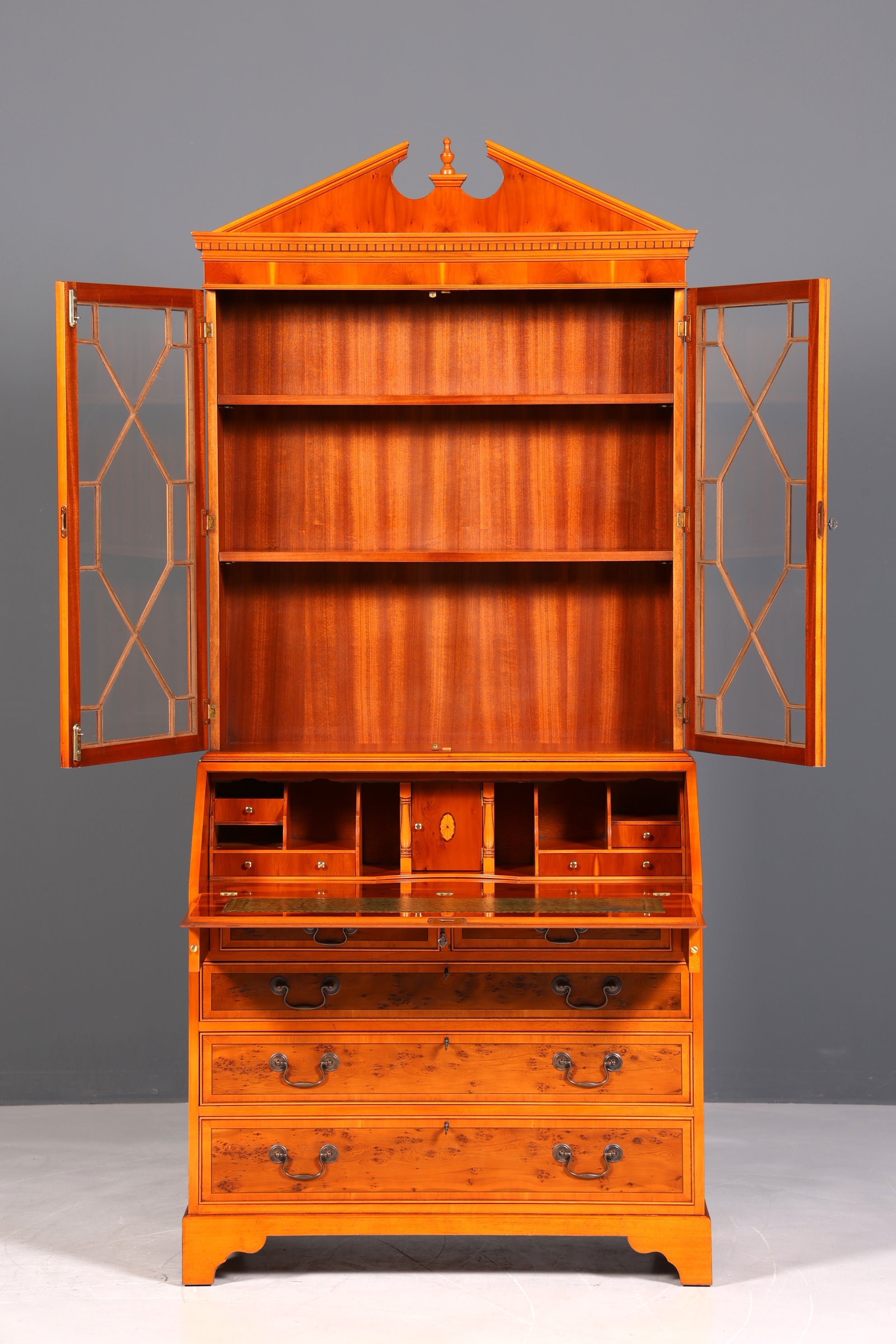 Stylish English secretary desk, office desk, yew wood, antique style, genuine leather top, display cabinet, UK