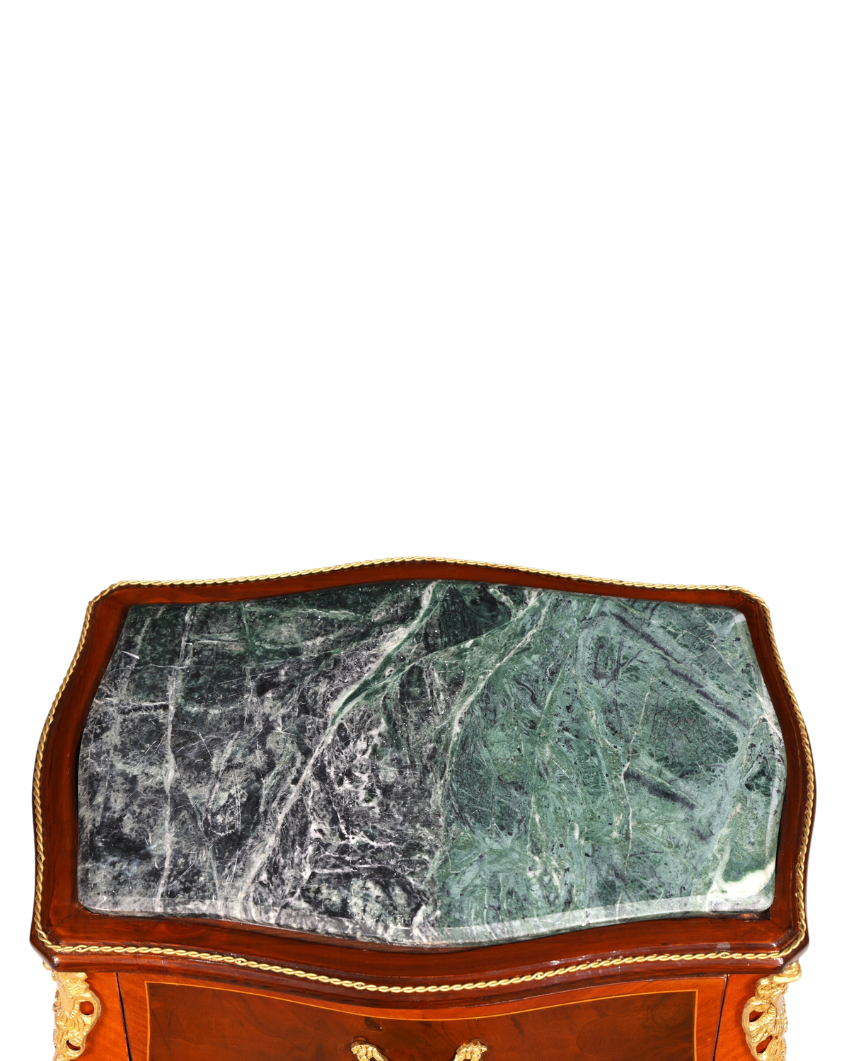 Hauptstadt Möblerei Barock Beistelltisch mit grüner Marmorplatte, Intarsien und goldenen Messingverzierungen