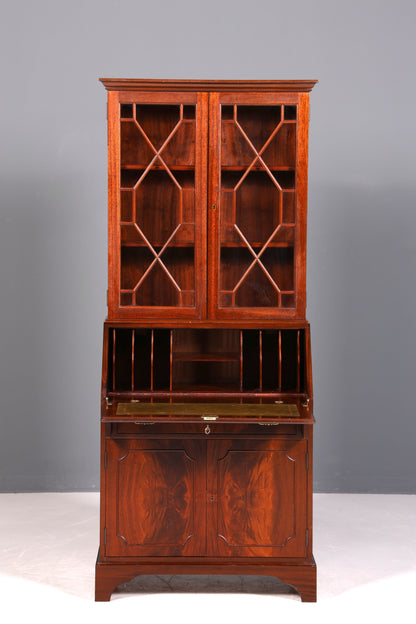 Beautiful English secretary desk, antique 1960s mahogany display cabinet, UK