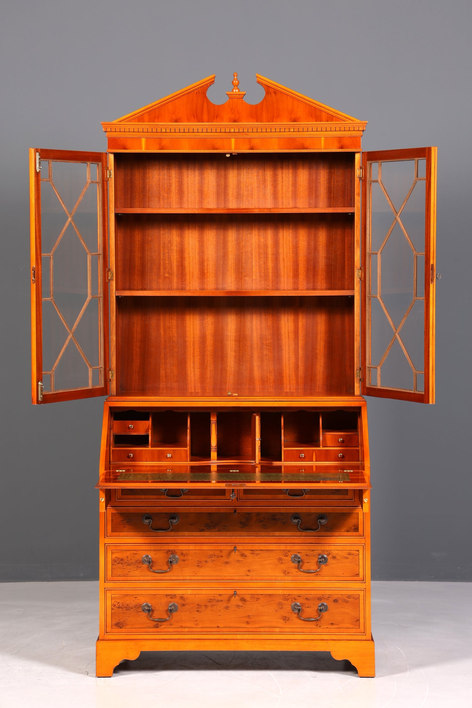 Stylish English secretary desk, office desk, yew wood, antique style, genuine leather top, display cabinet, UK