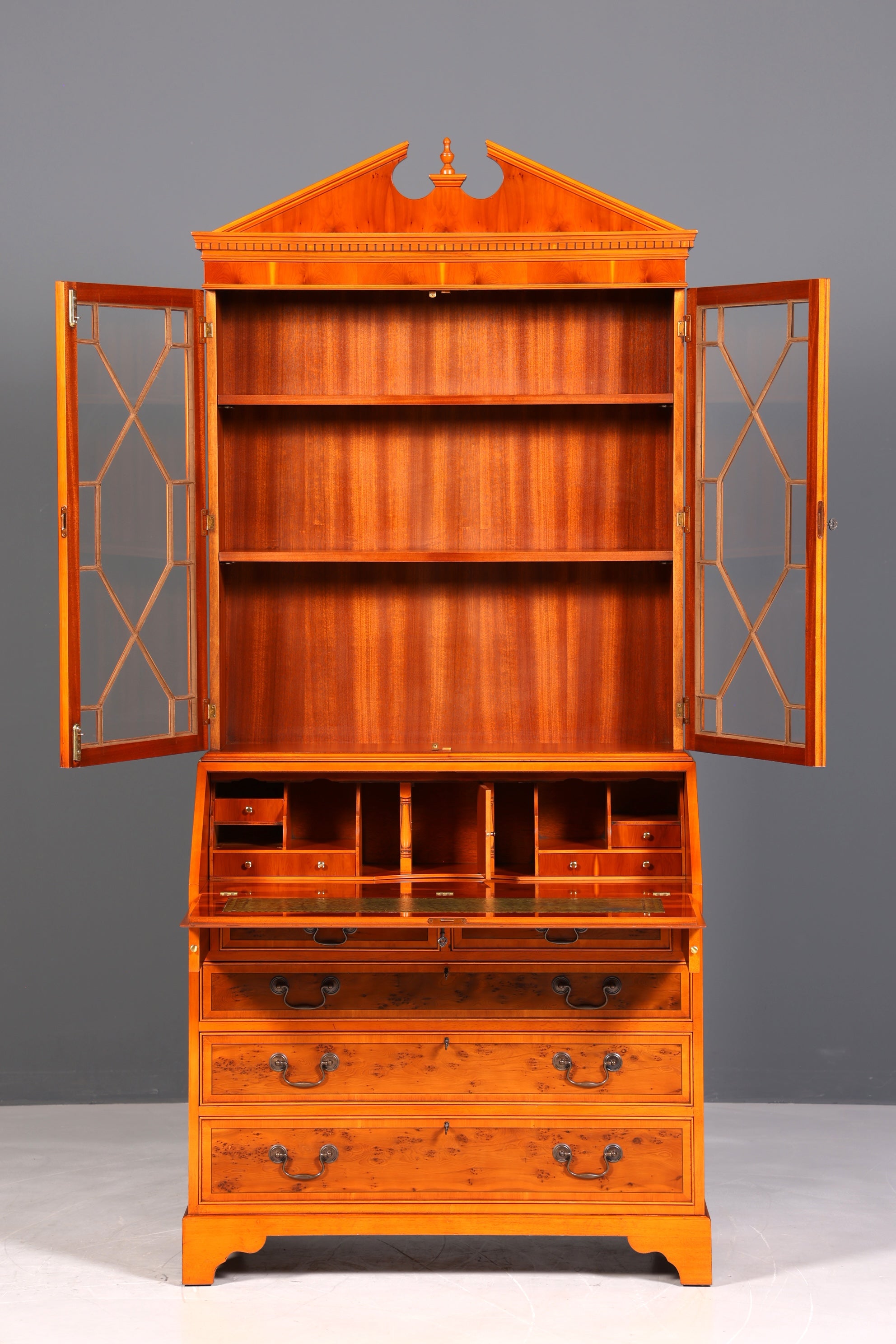 Stylish English secretary desk, office desk, yew wood, antique style, genuine leather top, display cabinet, UK
