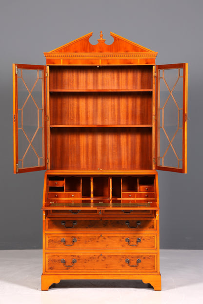 Stylish English secretary desk, office desk, yew wood, antique style, genuine leather top, display cabinet, UK