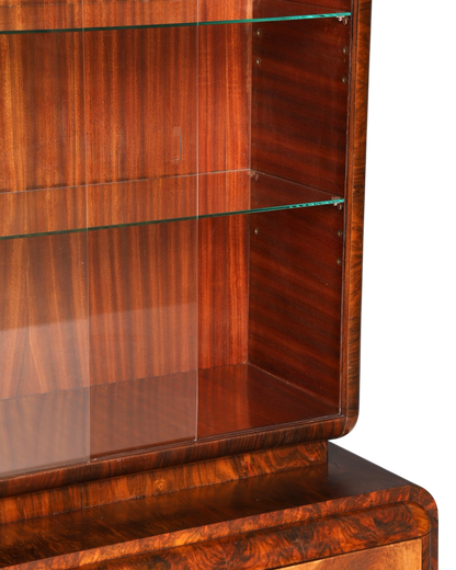 Edle Art Deco Vitrine Nussbaum Vitrine massiv Holz Antik Schrank Regal Vitrinenschrank