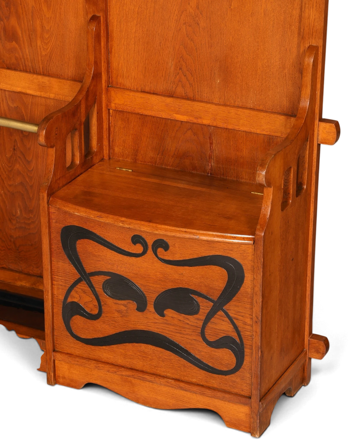Hauptstadt Möblerei Flurbank aus Eichenholz mit aufklappbarem Sitz und schwarzem Jugendstil-Ornament