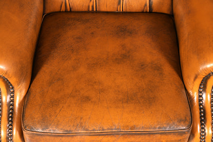 Prachtige originele Chesterfield-oorfauteuil van echt Engels leer, herenfauteuil, relaxfauteuil met ligfunctie, vintage