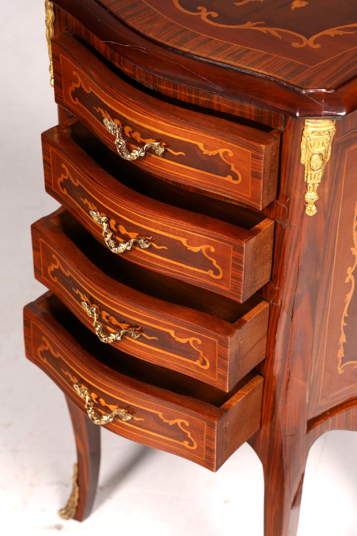 Elegant Baroque-style antique dresser, side table, brass cabinet, chest of drawers