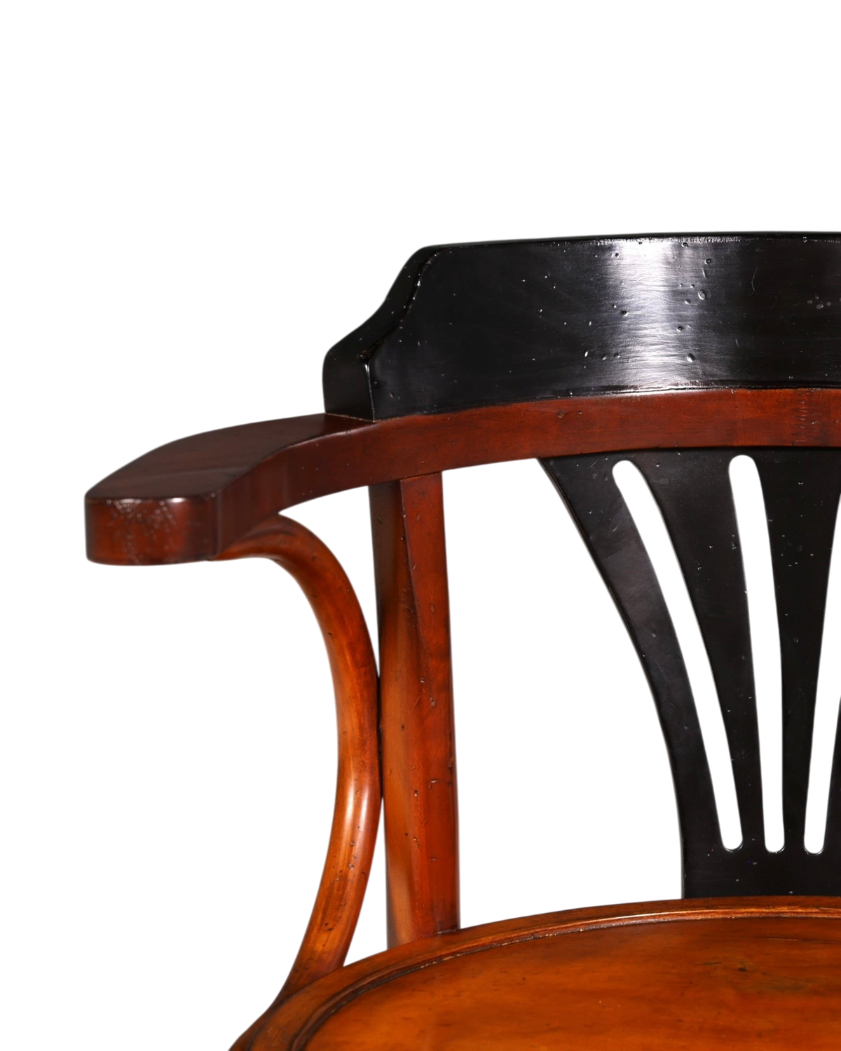 Hauptstadt Möblerei Bugholz Kontorstuhl im Jugendstil mit geschwungenen Armlehnen und schwarzer Rückenlehne