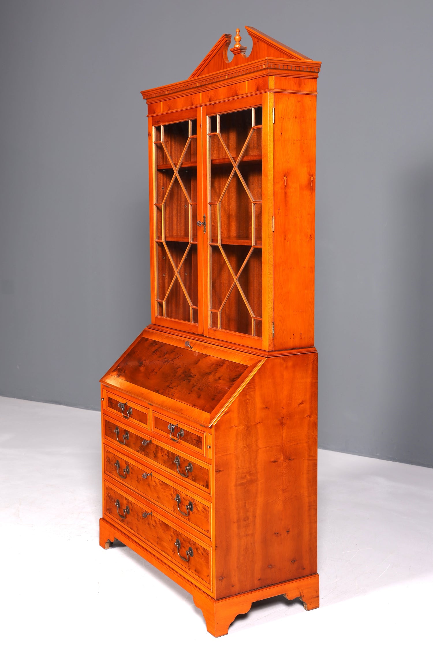 Stylish English secretary desk, office desk, yew wood, antique style, genuine leather top, display cabinet, UK