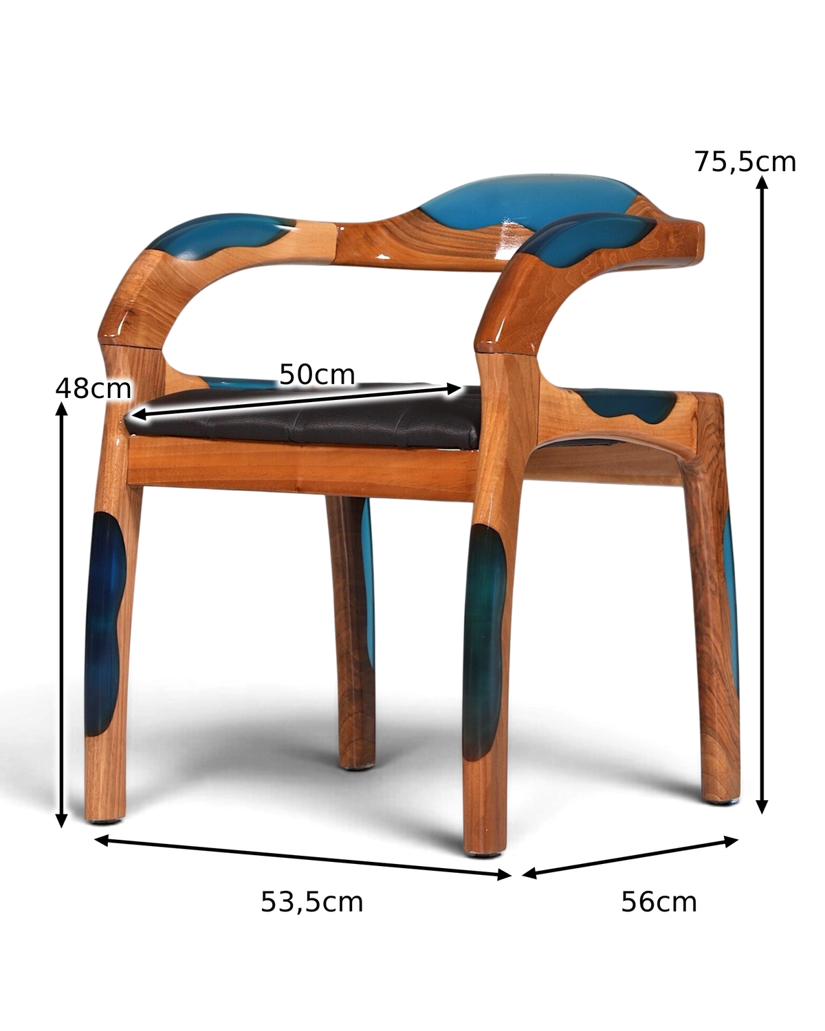 Epoxy fauteuil "Arnson Plus Blue" epoxyhars armstoel massief notenhout secretairstoel